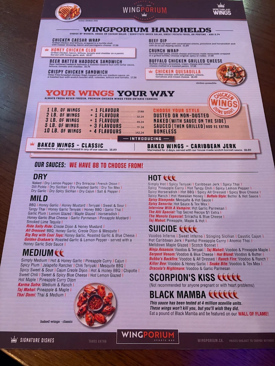 Menu, Wingporium Sports Bar