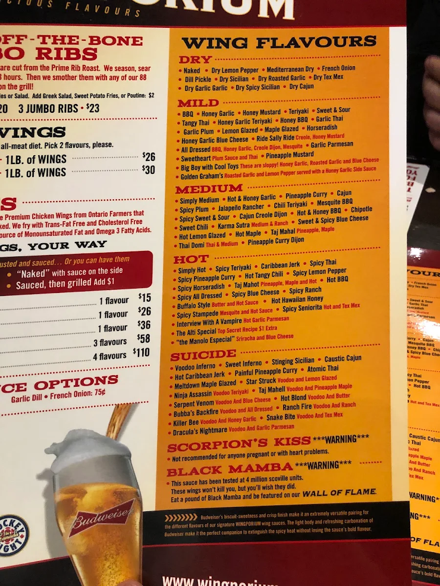 Menu, Wingporium Sports Bar
