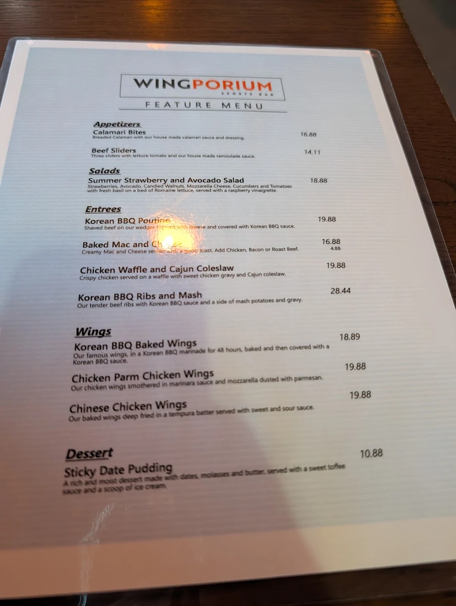 Menu, Wingporium Sports Bar