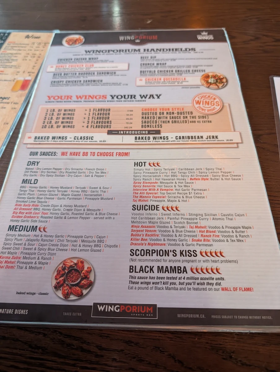 Menu, Wingporium Sports Bar