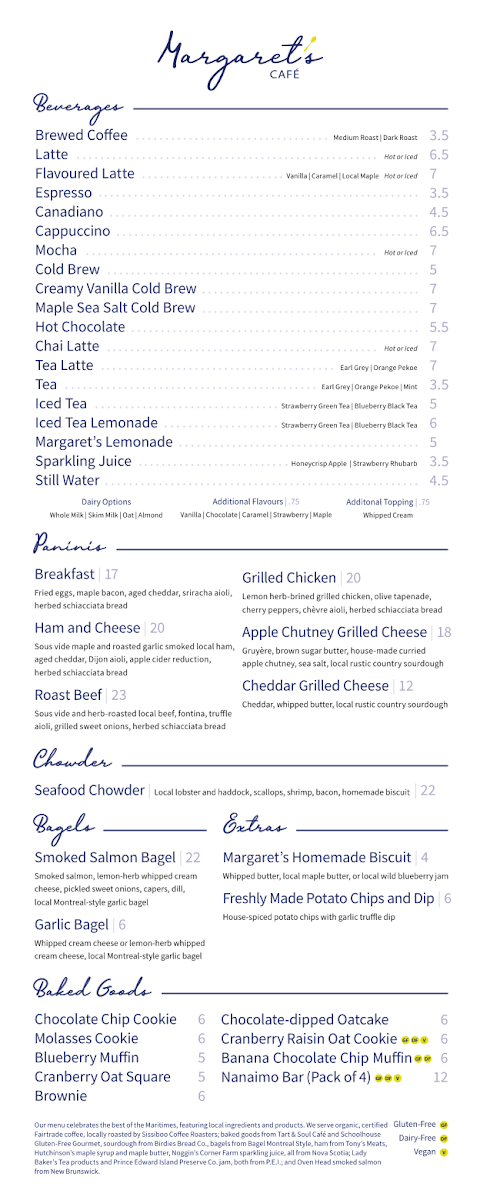 Menu, Margaret's Café