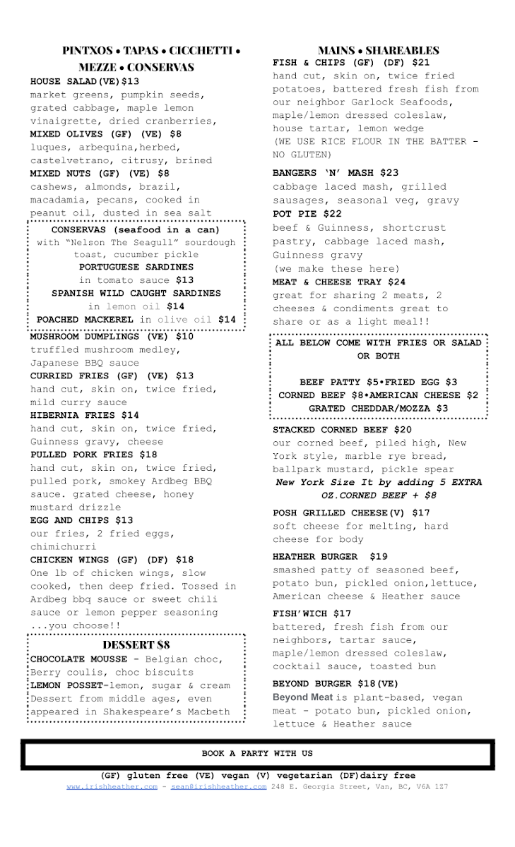 Menu, The Irish Heather Shebeen
