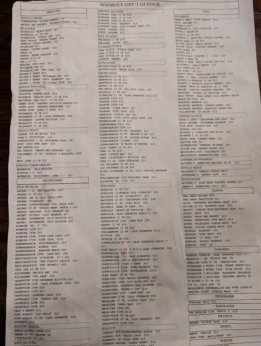 Menu, The Irish Heather Shebeen