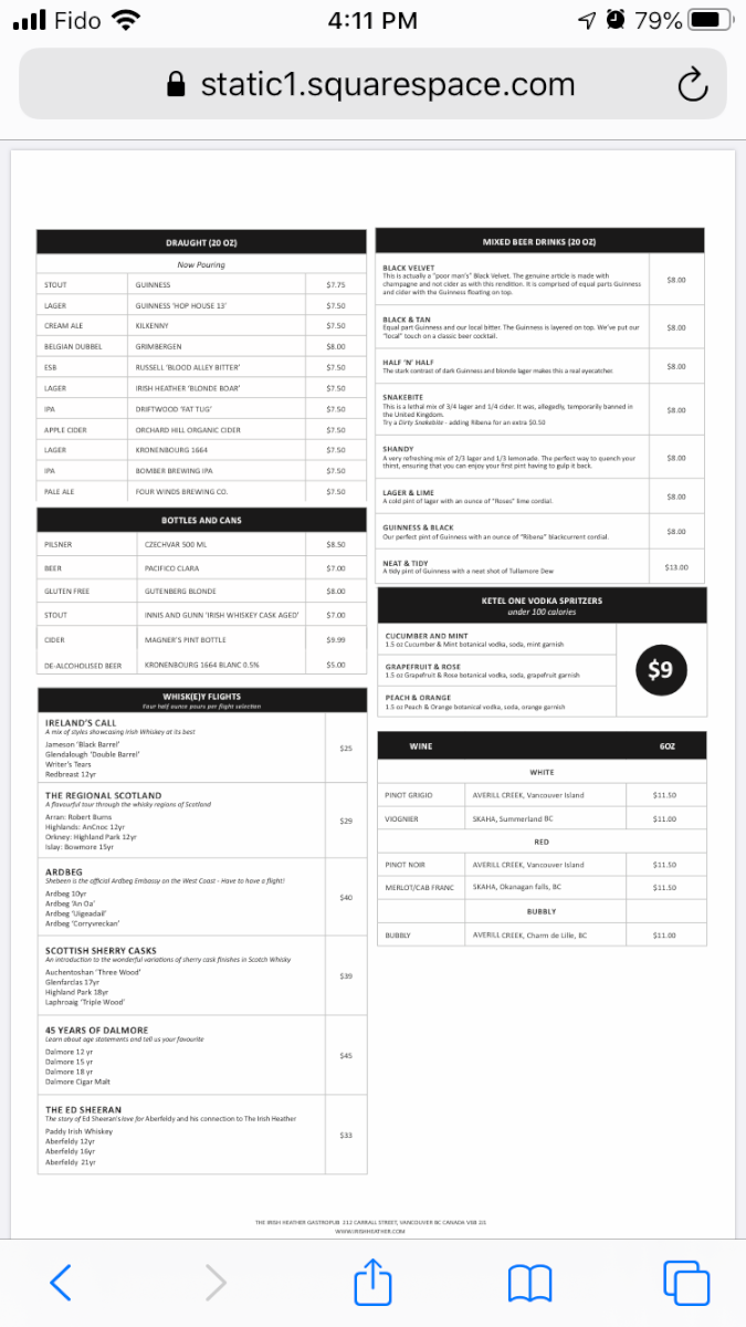 Menu, The Irish Heather Shebeen