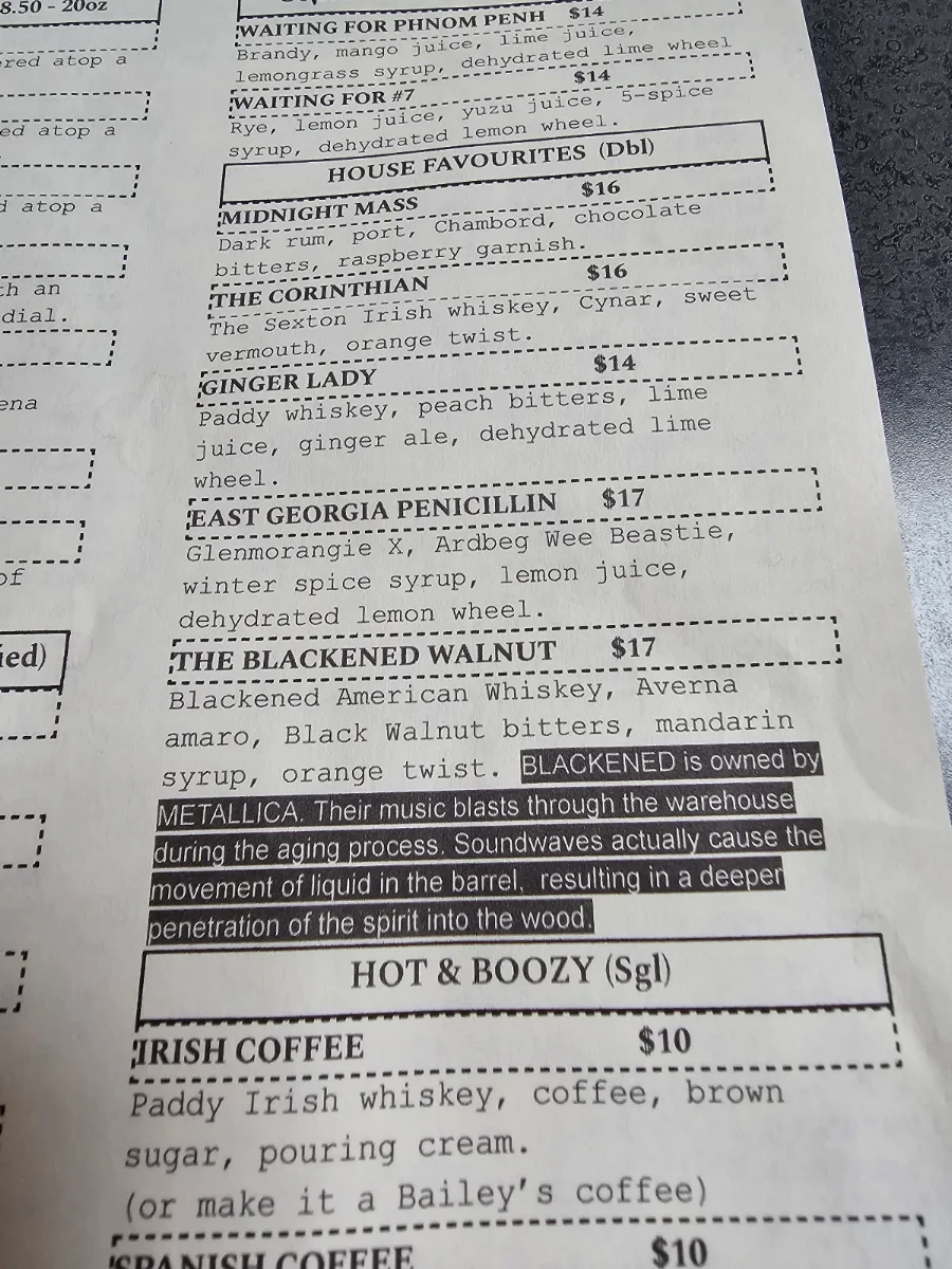 Menu, The Irish Heather Shebeen