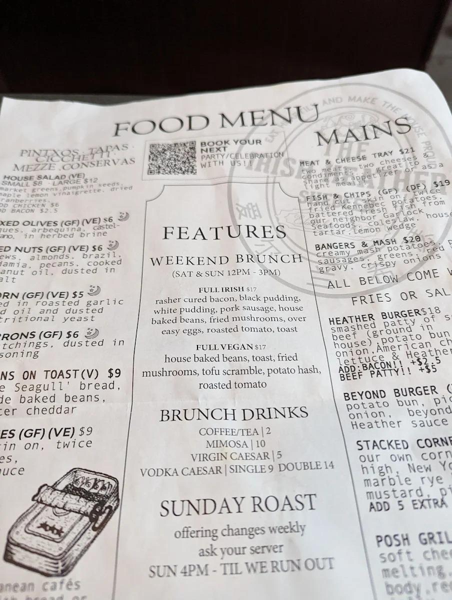 Menu, The Irish Heather Shebeen
