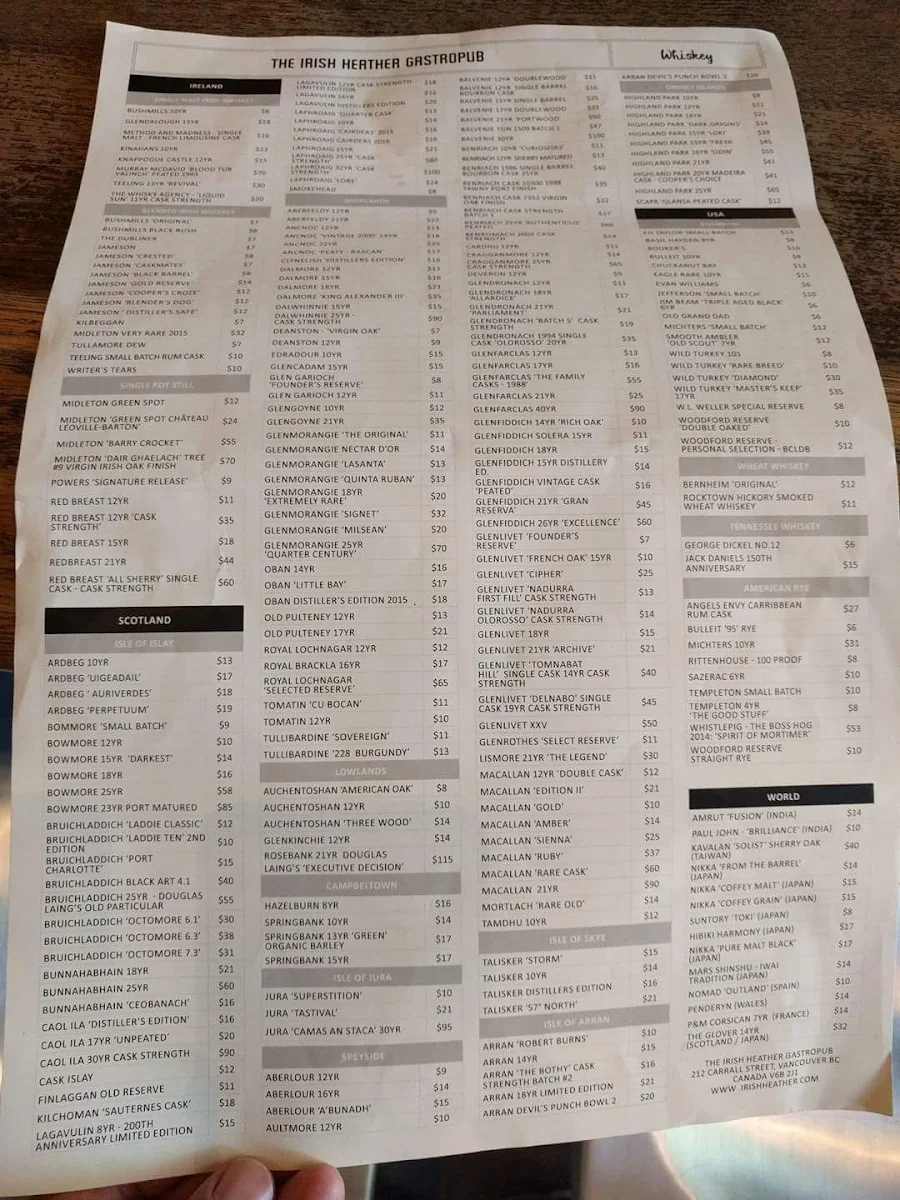Menu, The Irish Heather Shebeen