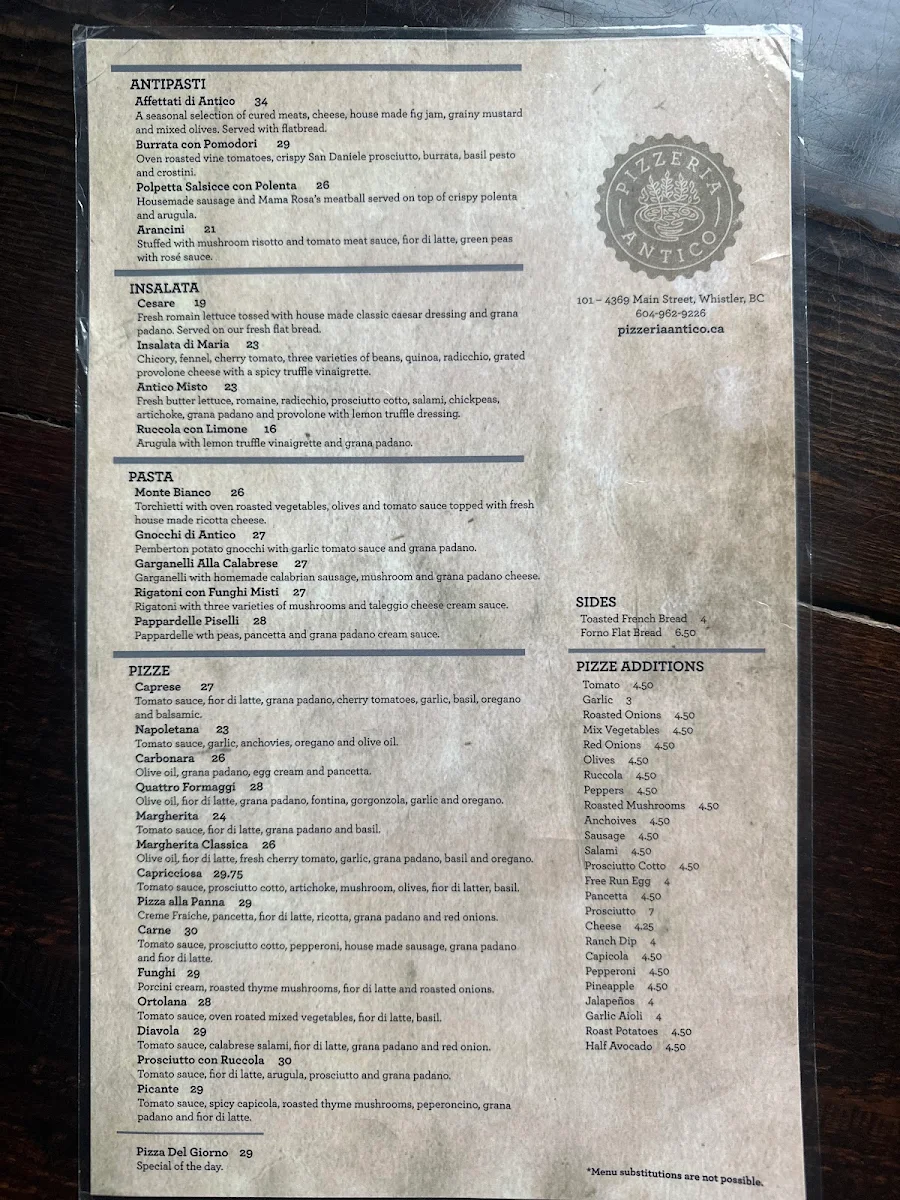 Menu, Pizzeria Antico