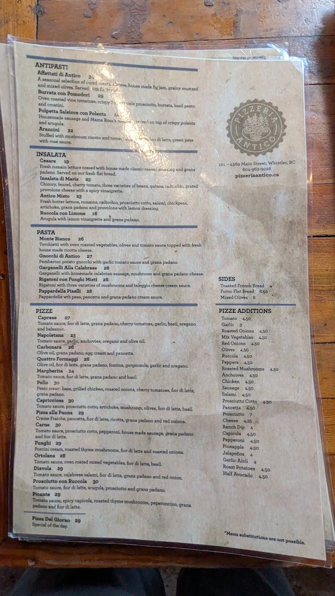 Menu, Pizzeria Antico