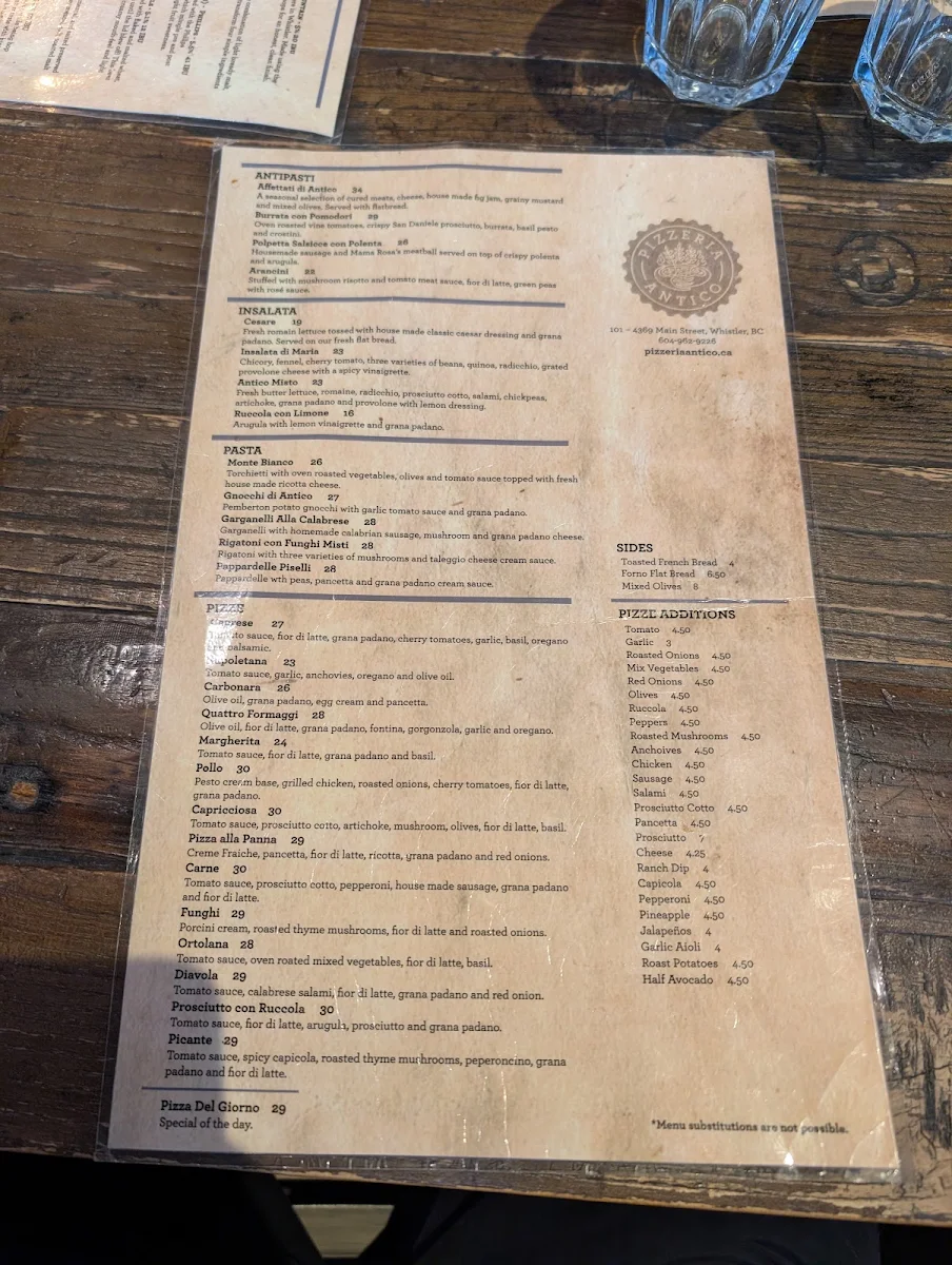 Menu, Pizzeria Antico
