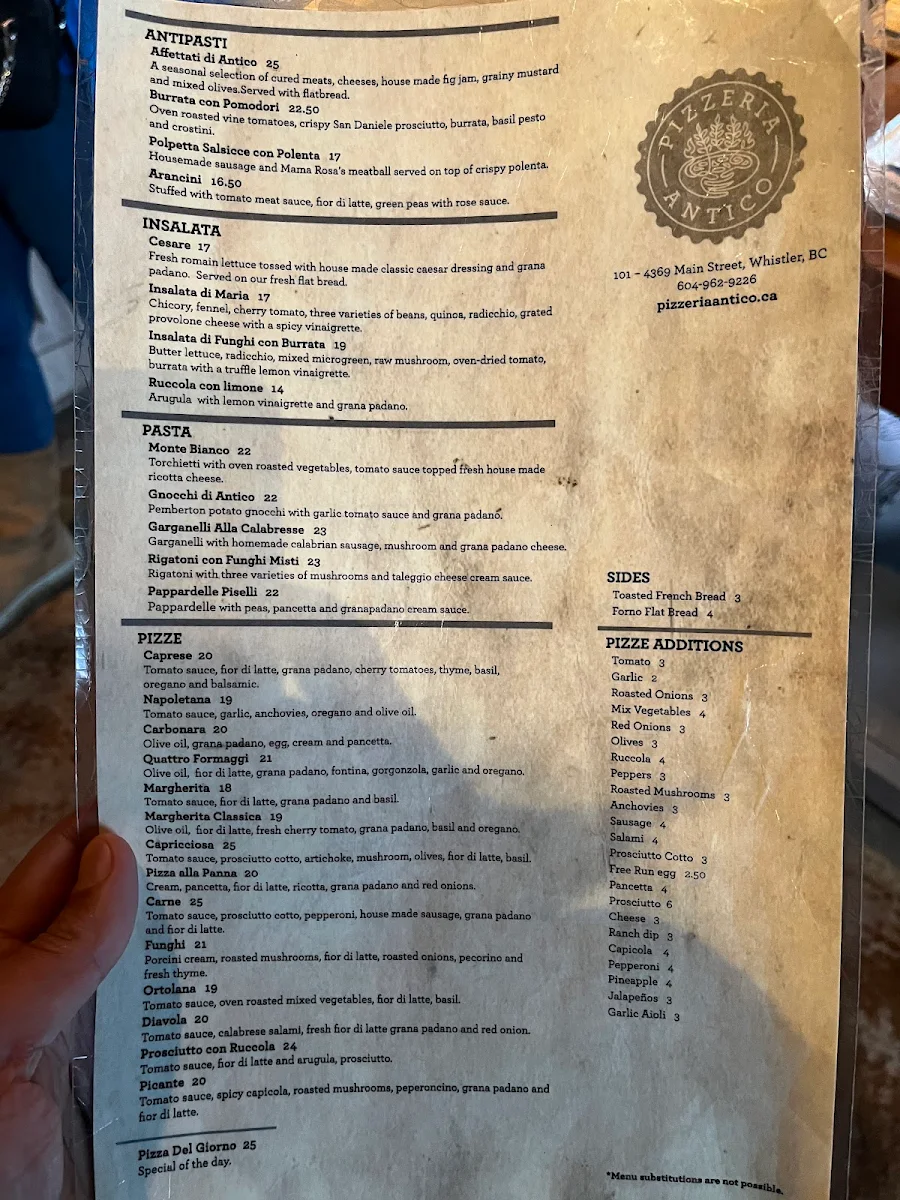 Menu, Pizzeria Antico