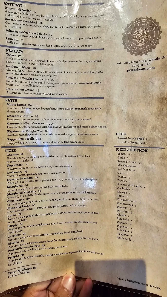 Menu, Pizzeria Antico