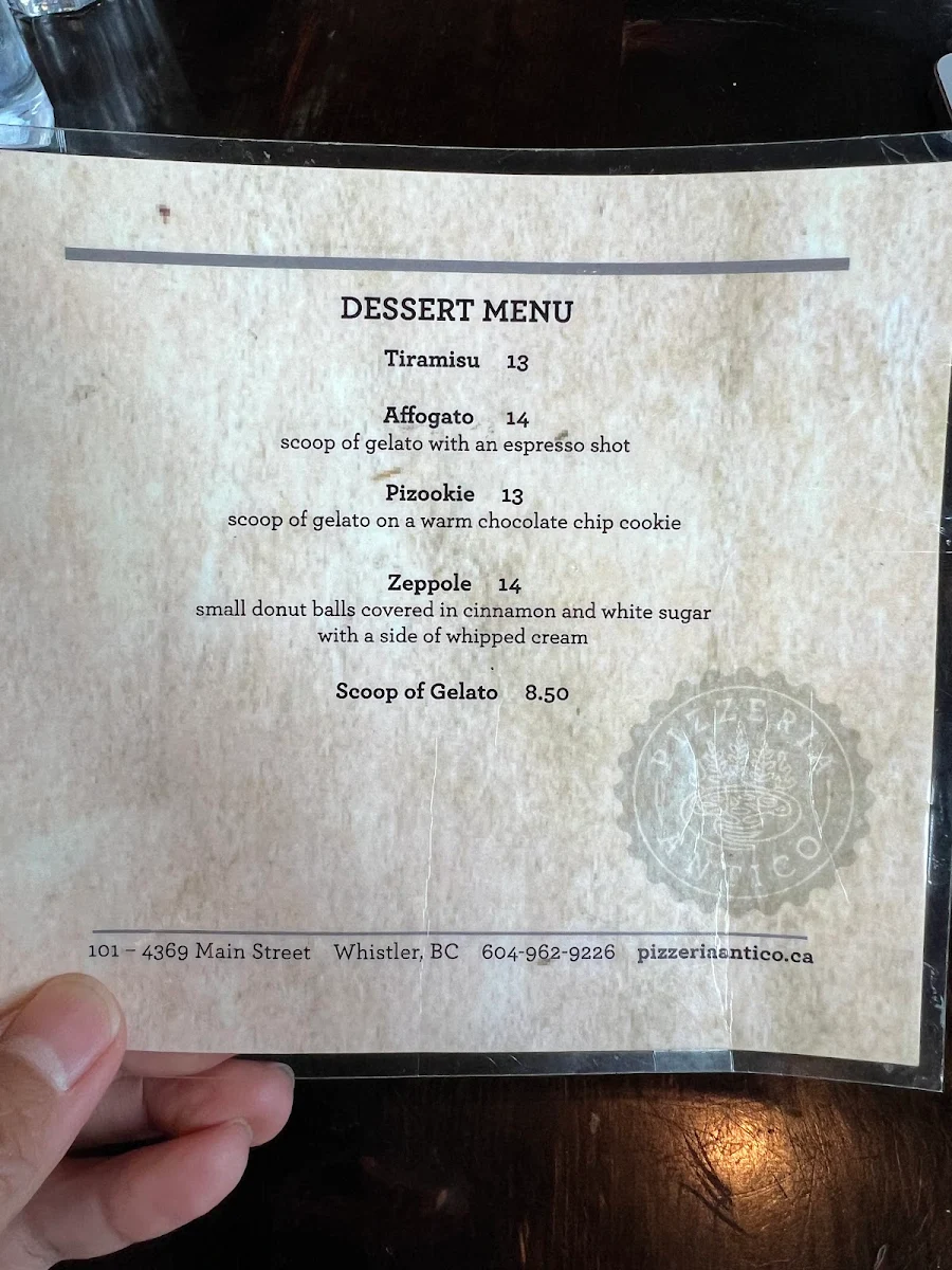 Menu, Pizzeria Antico