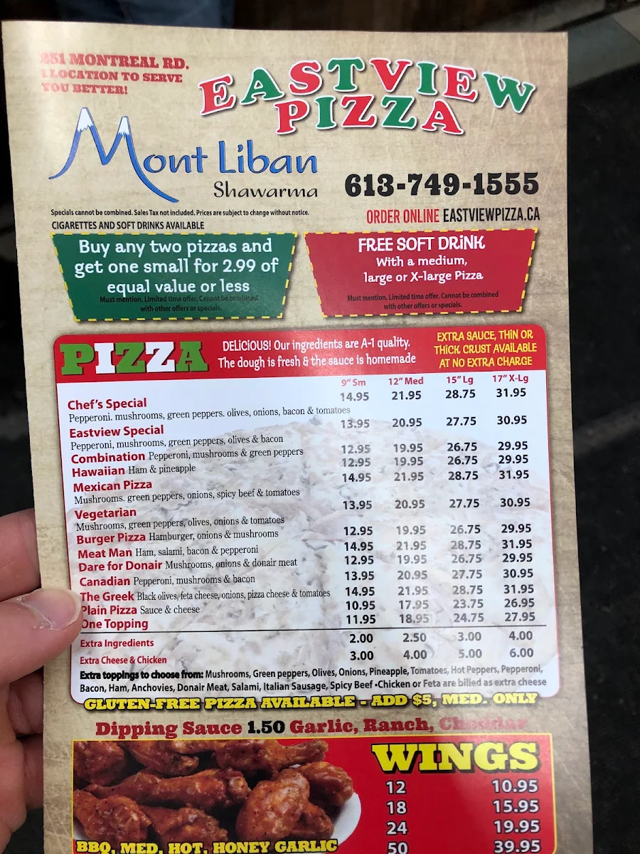 Menu, Eastview Pizza