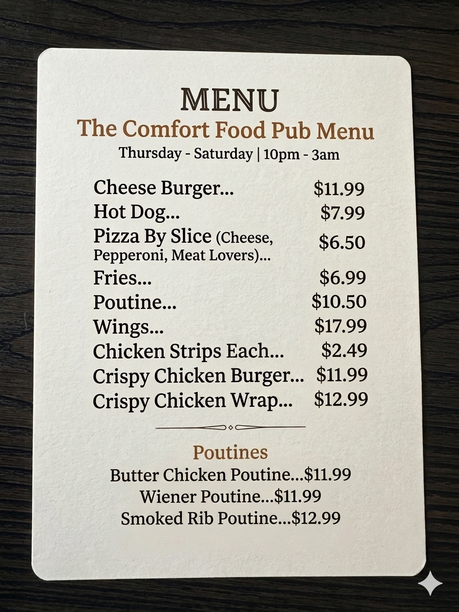 Menu, Newfoundland Comfort Food