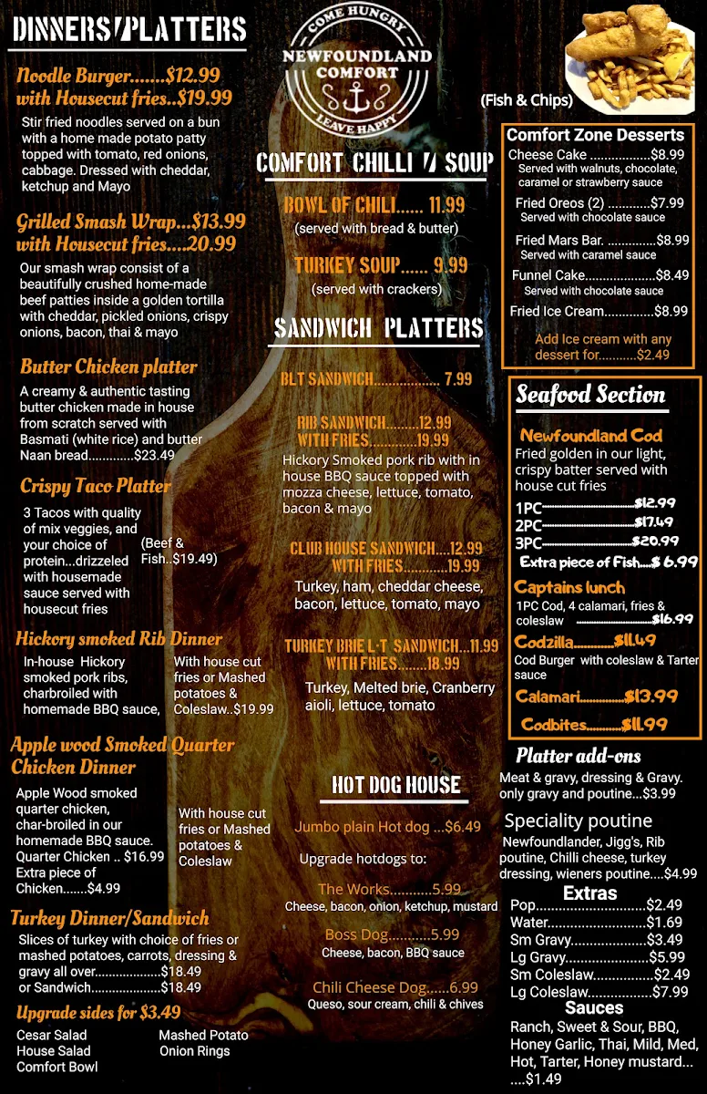Menu, Newfoundland Comfort Food