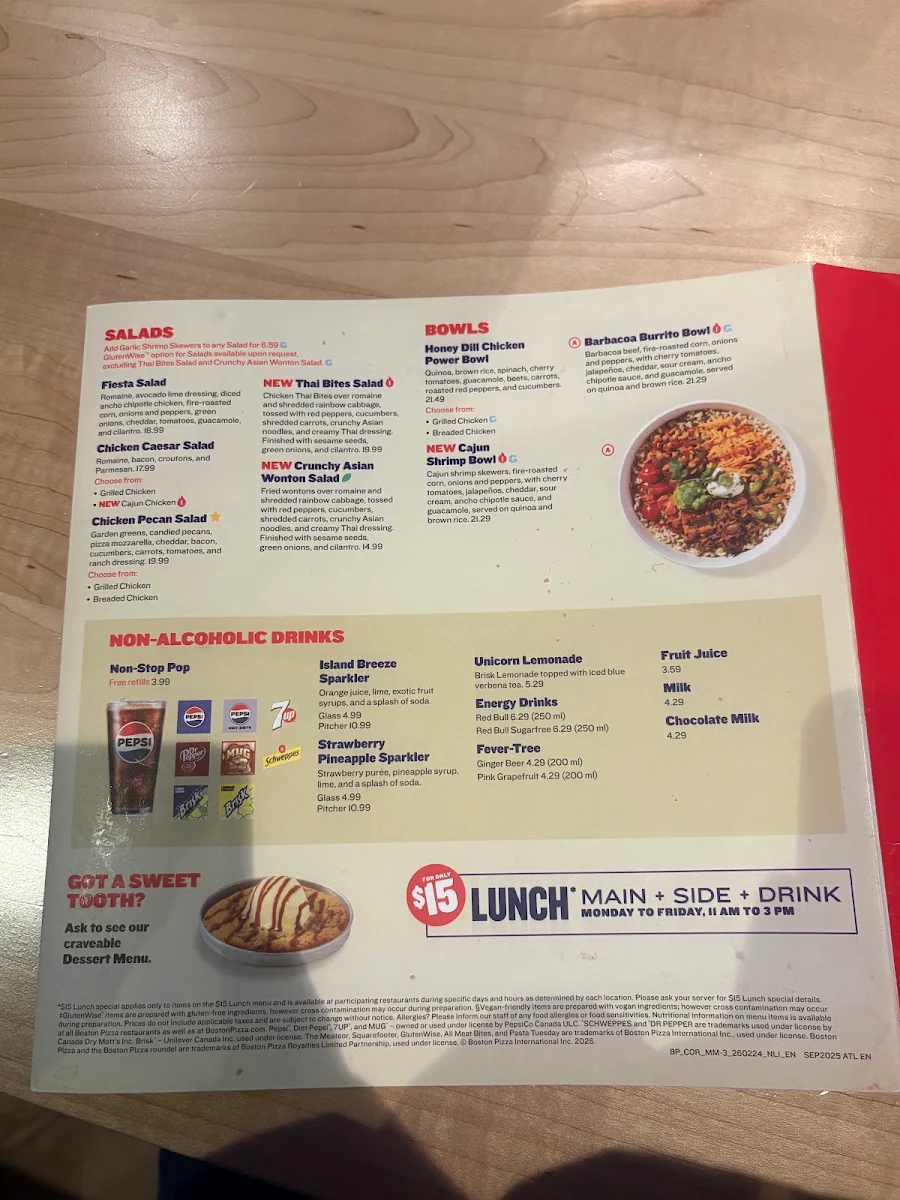 Menu, Boston Pizza