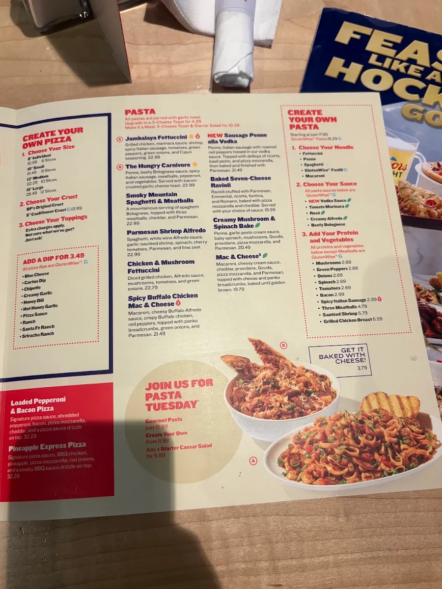 Menu, Boston Pizza