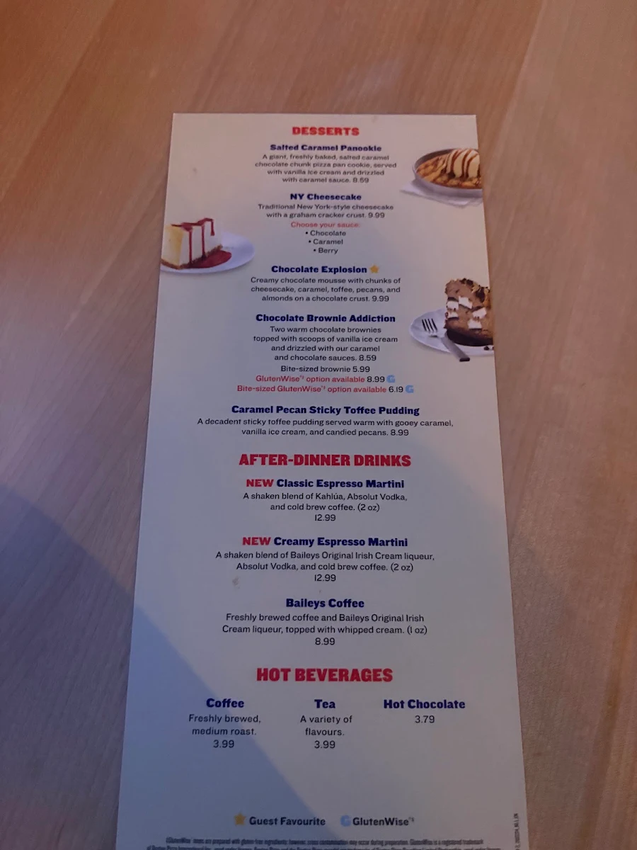 Menu, Boston Pizza