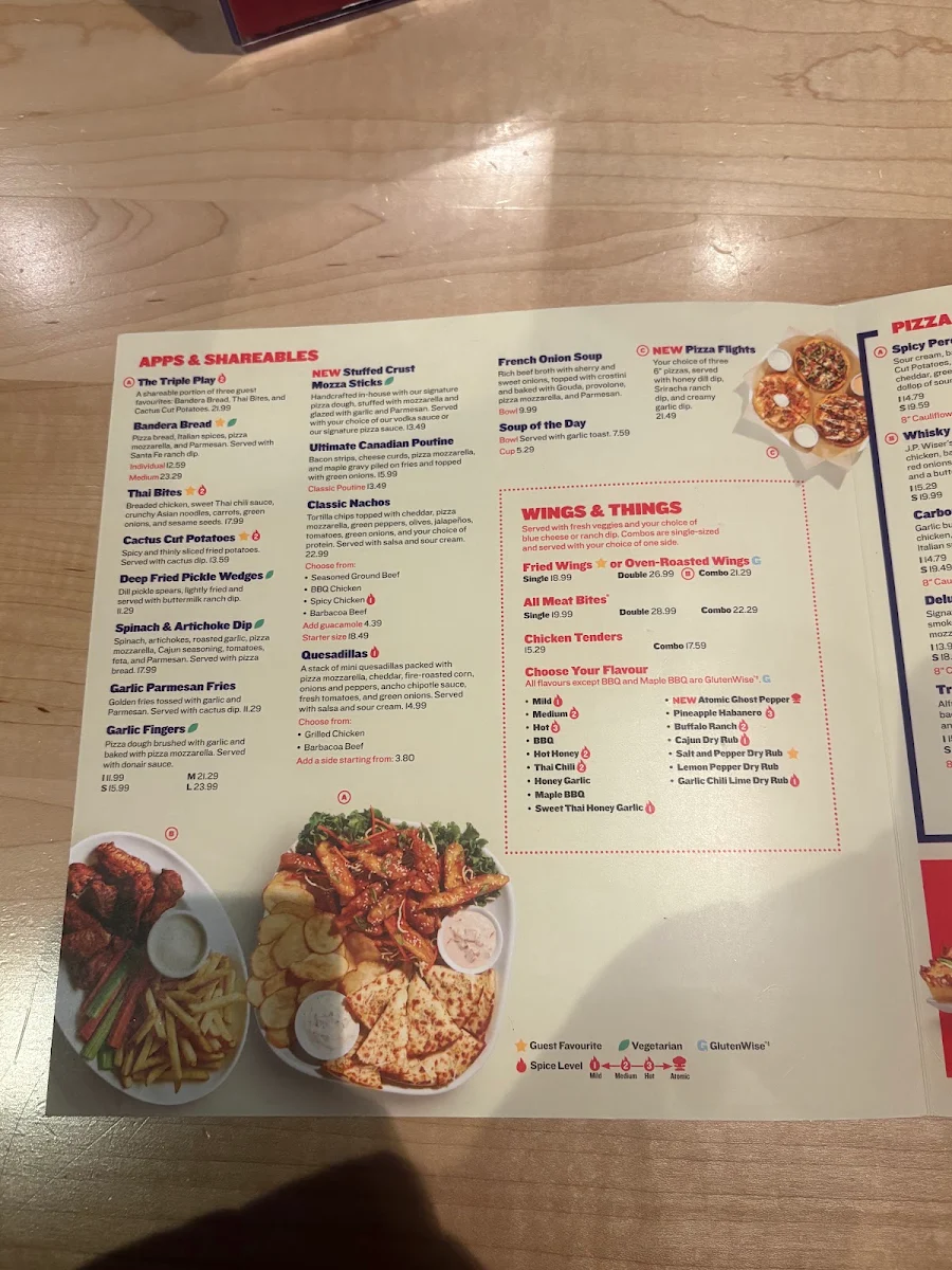 Menu, Boston Pizza