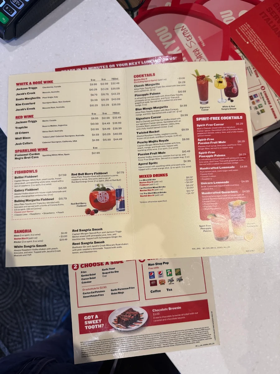 Menu, Boston Pizza