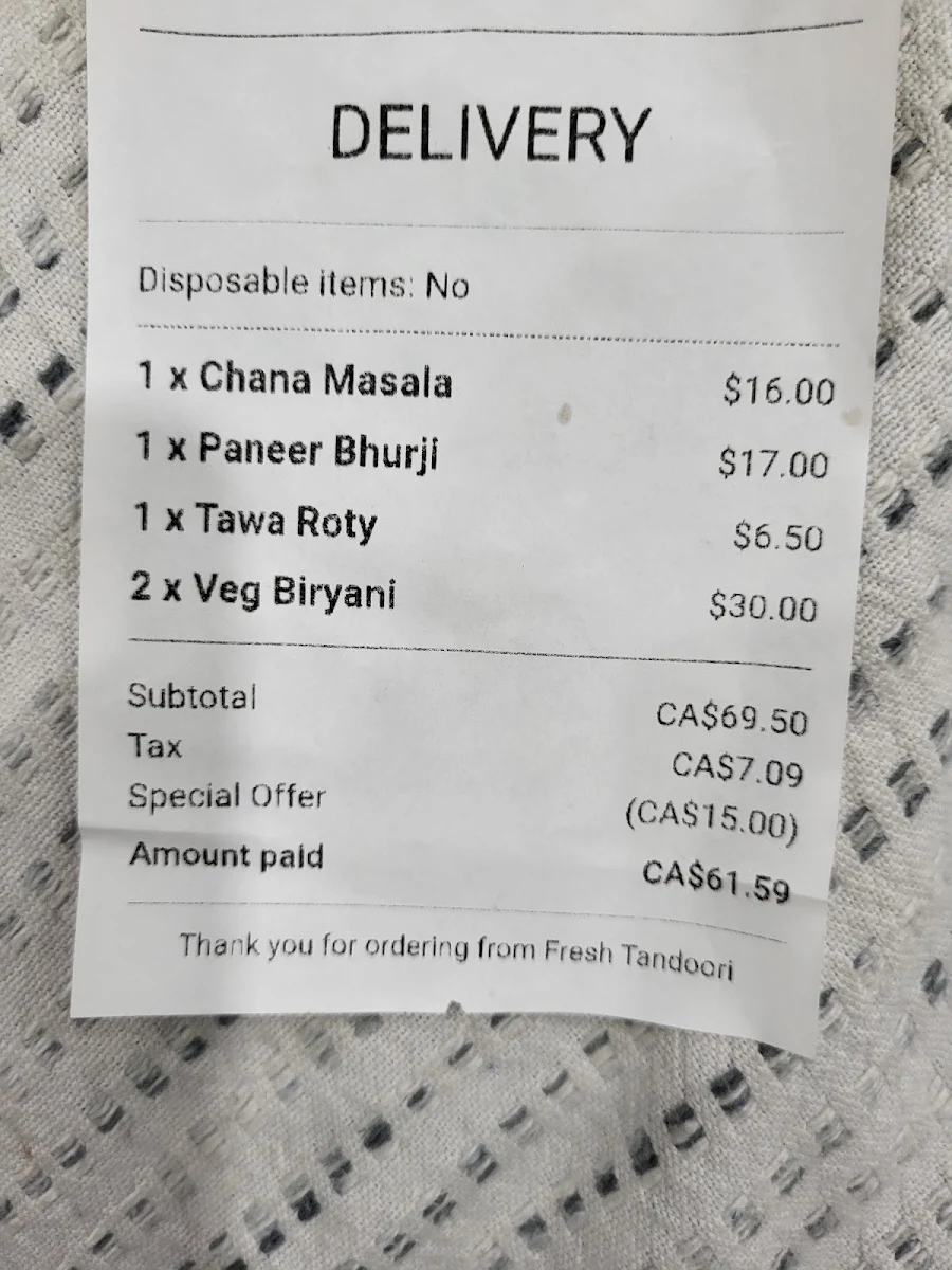 Menu, Fresh Tandoori