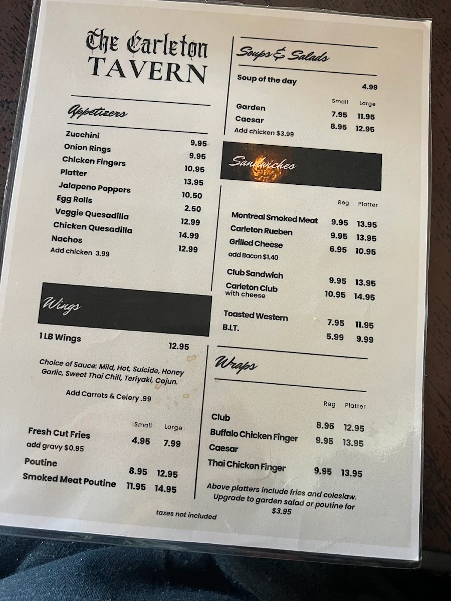Menu, The Carleton