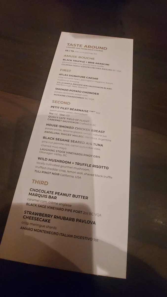 Menu, ATLAS Steak + Fish