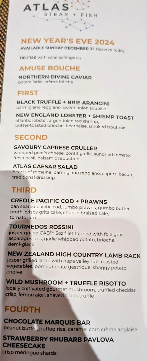 Menu, ATLAS Steak + Fish