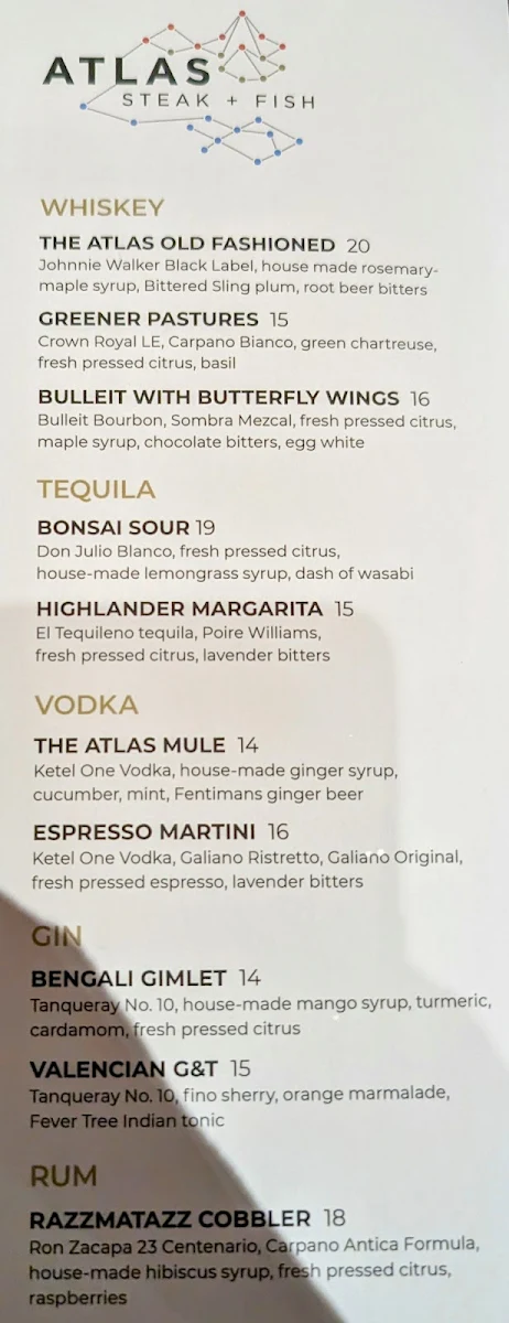 Menu, ATLAS Steak + Fish