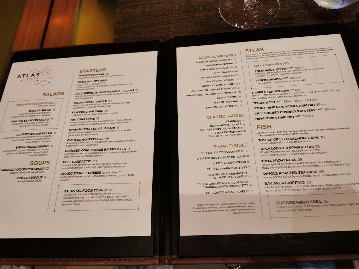 Menu, ATLAS Steak + Fish