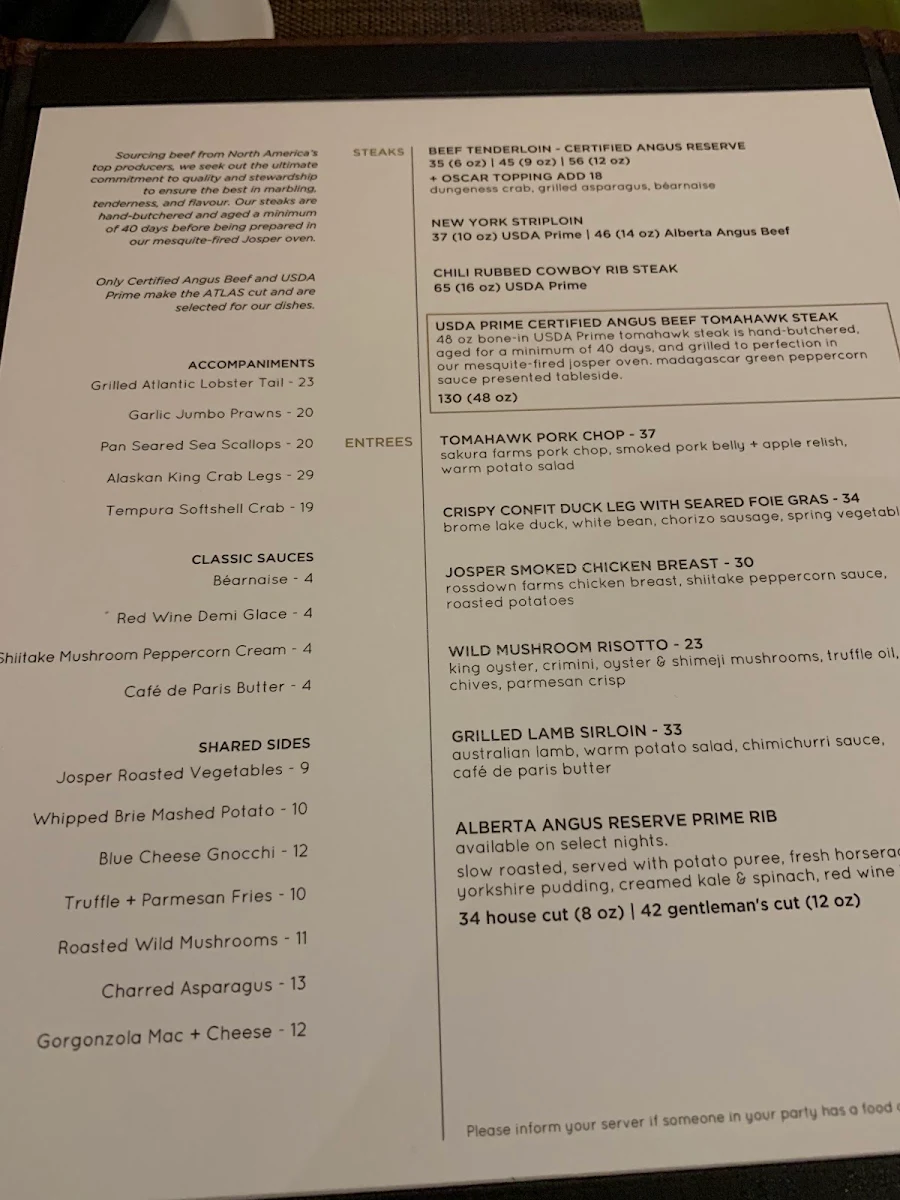 Menu, ATLAS Steak + Fish