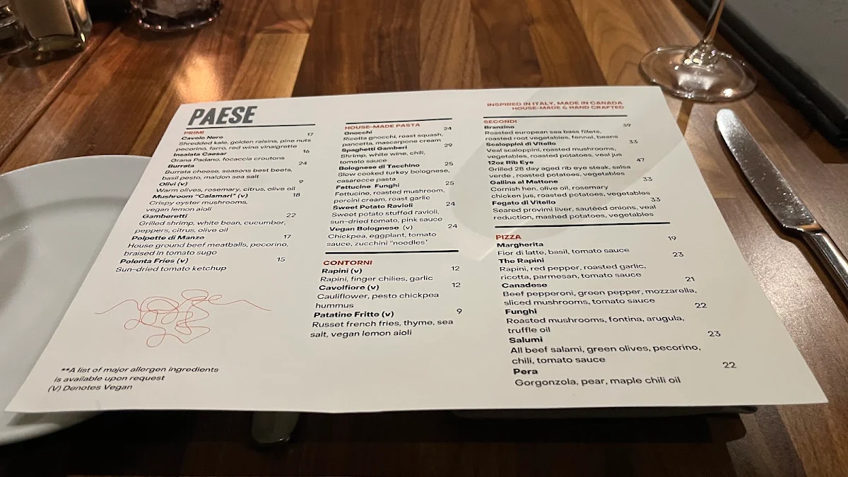 Menu, PAESE Ristorante