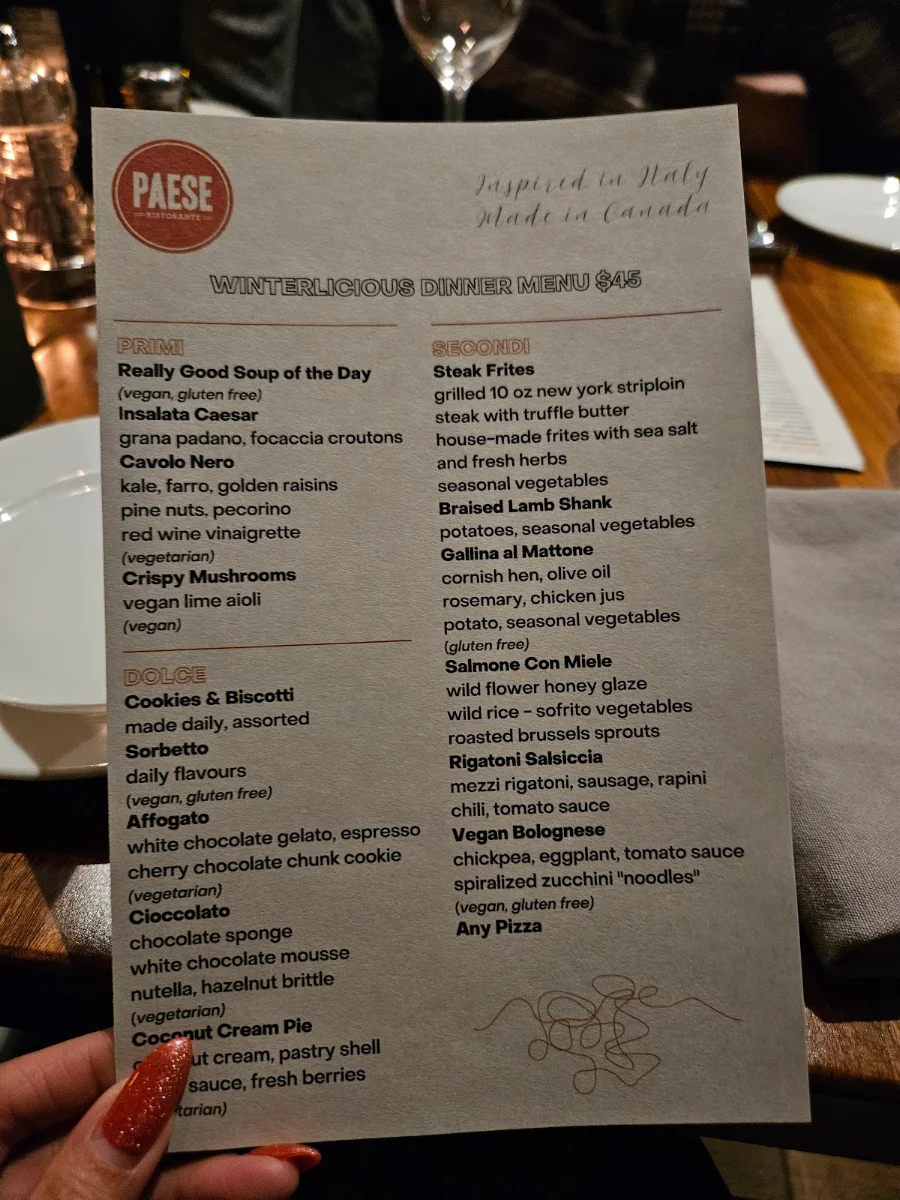 Menu, PAESE Ristorante