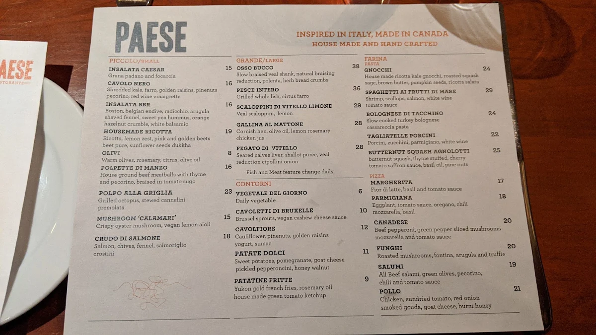 Menu, PAESE Ristorante