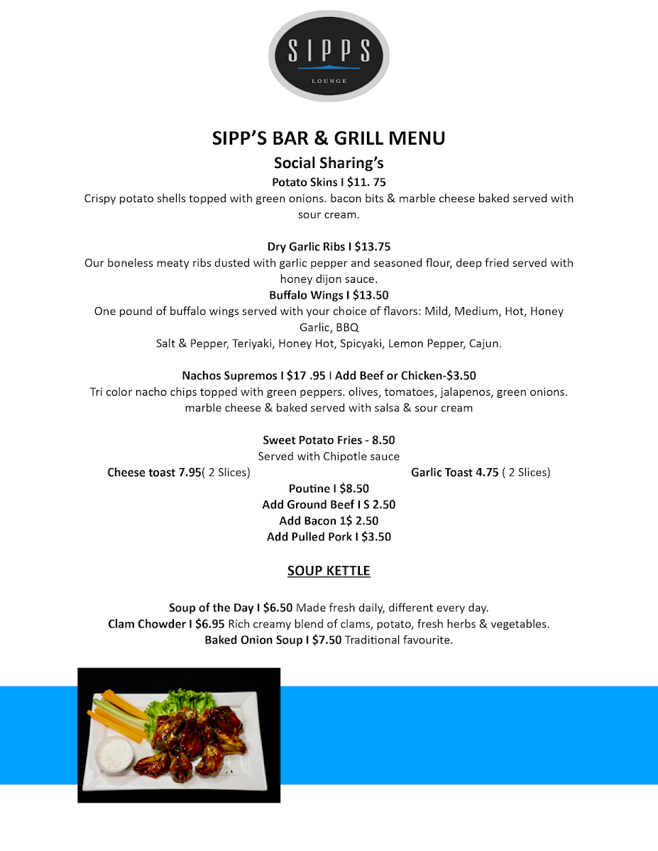 Menu, Sipps Bar & Grill