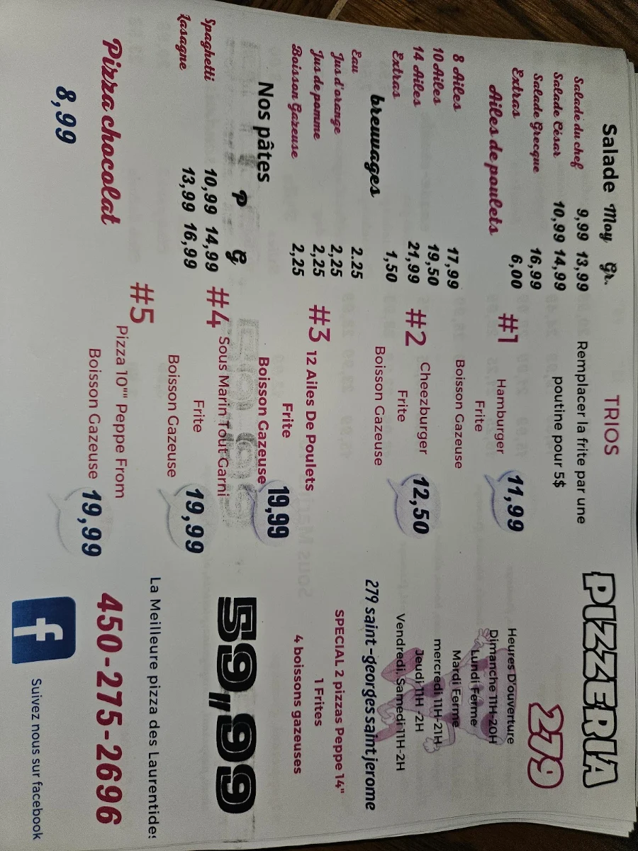 Menu, Pizzeria 279