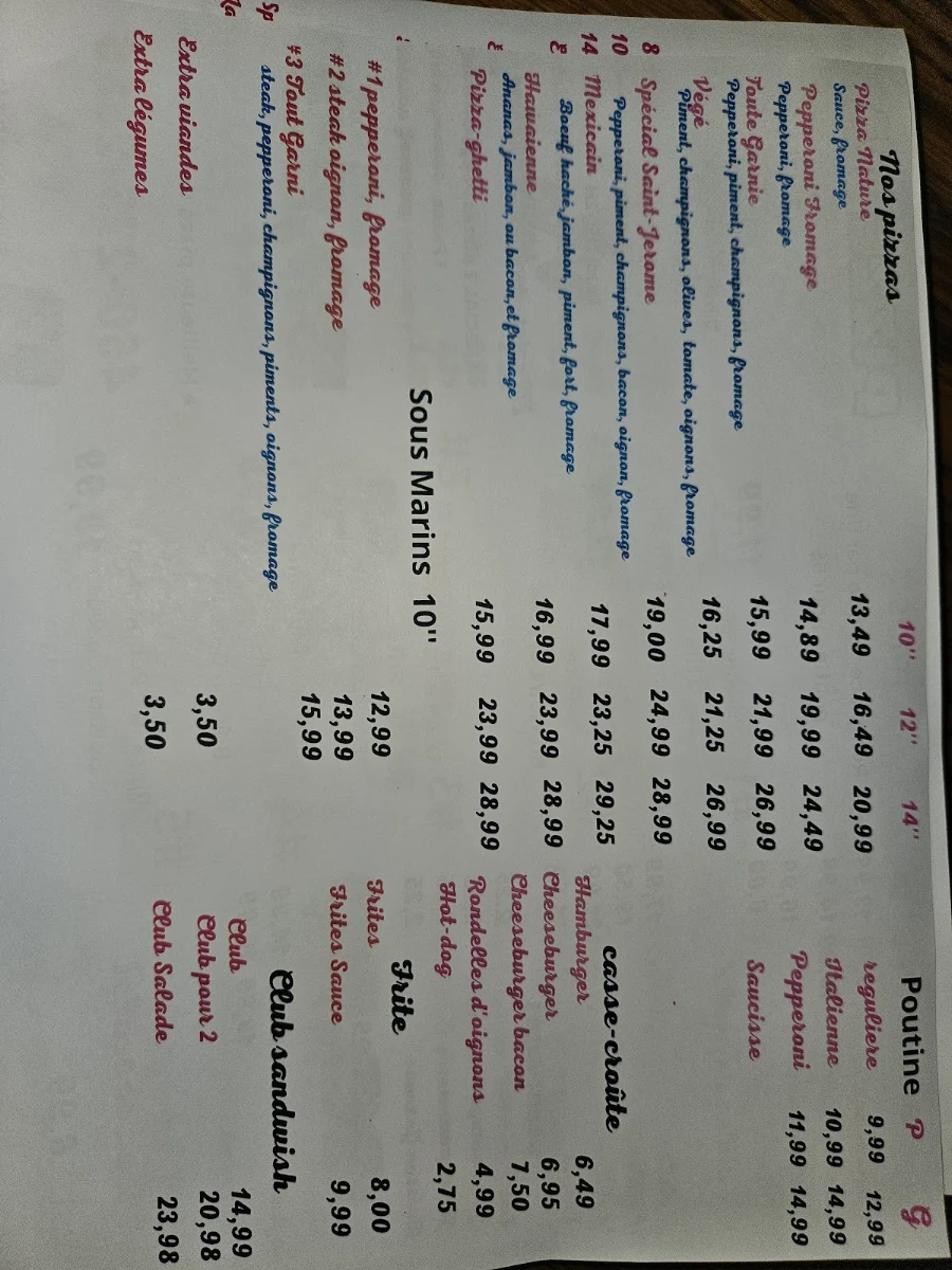 Menu, Pizzeria 279