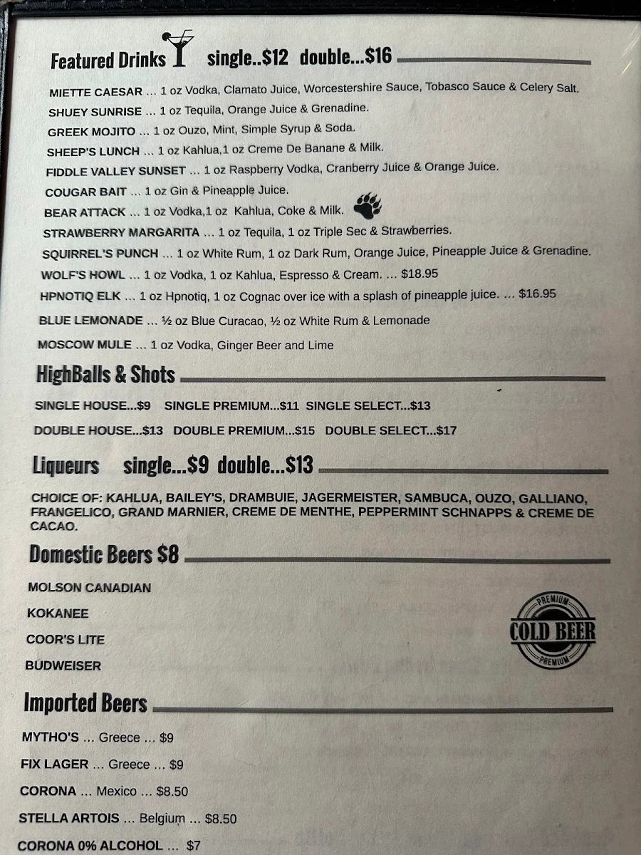 Menu, Miette Hot Springs Restaurant