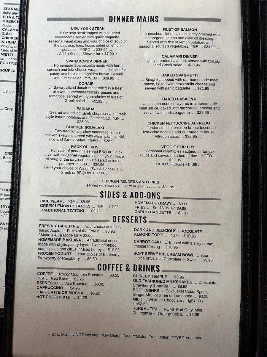 Menu, Miette Hot Springs Restaurant