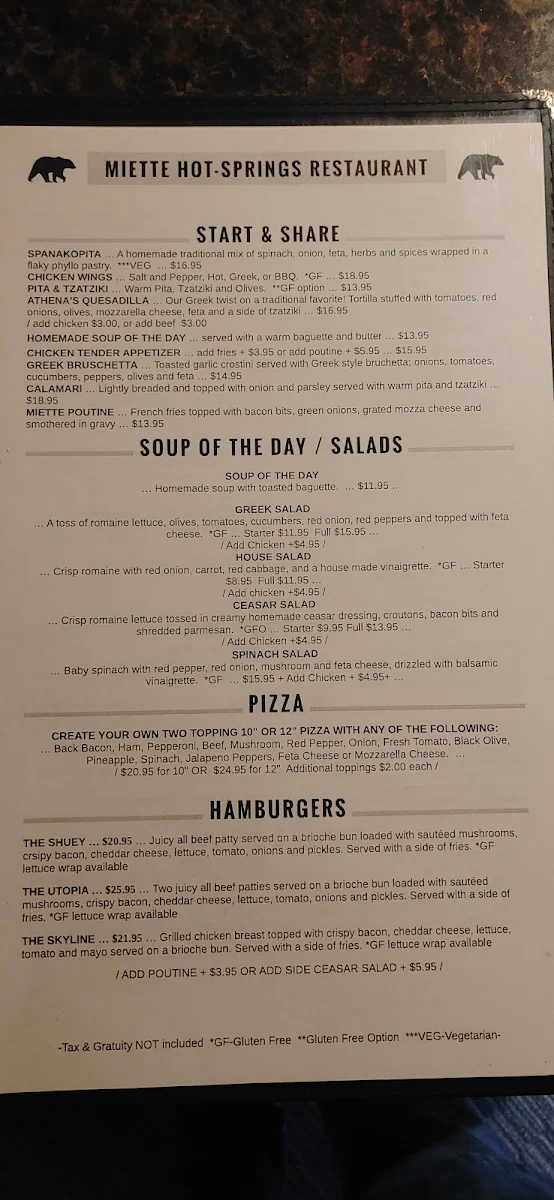Menu, Miette Hot Springs Restaurant