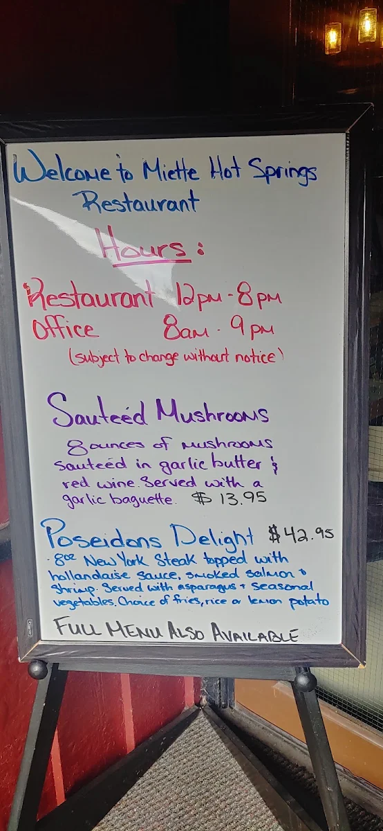 Menu, Miette Hot Springs Restaurant