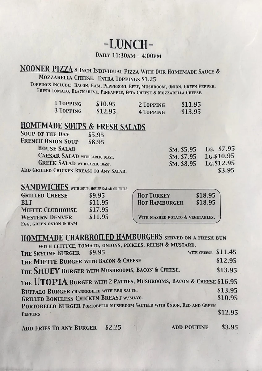 Menu, Miette Hot Springs Restaurant