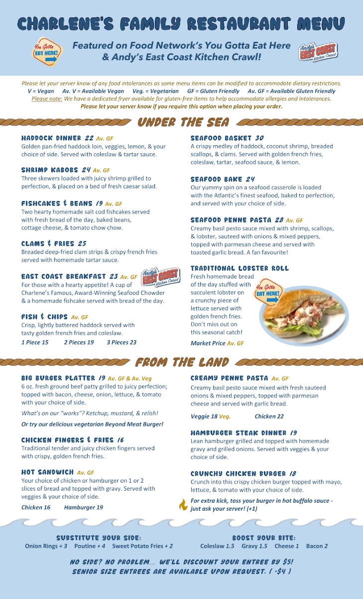 Menu, Charlene's Family Restaurant