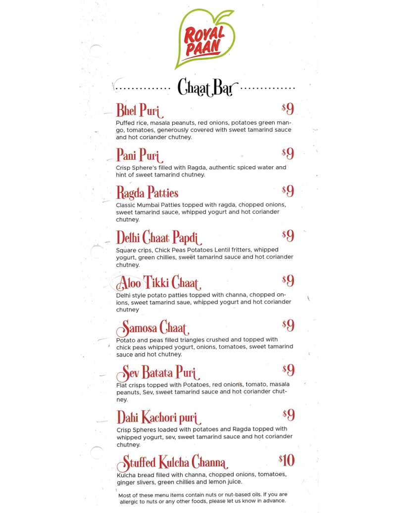 Menu, Royal Paan Stoney Creek