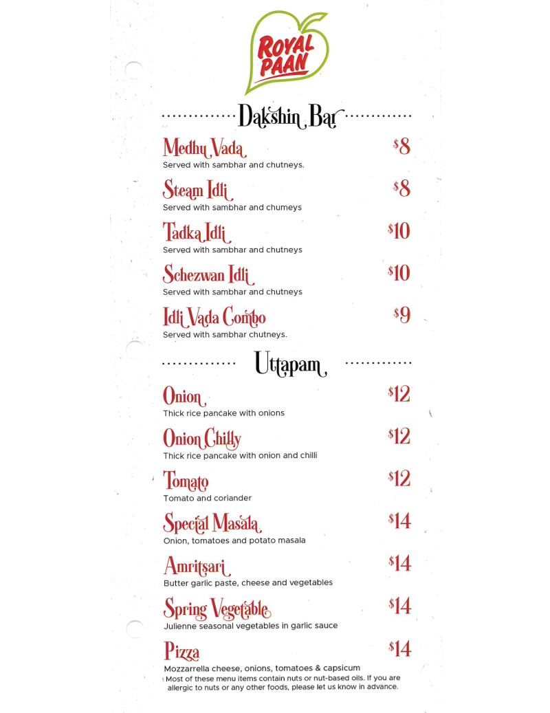 Menu, Royal Paan Stoney Creek
