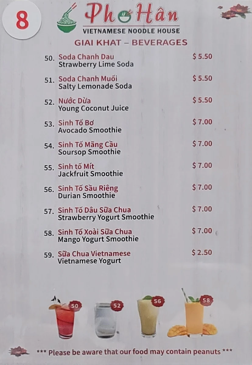 Menu, Pho Han Vietnamese Noodle House