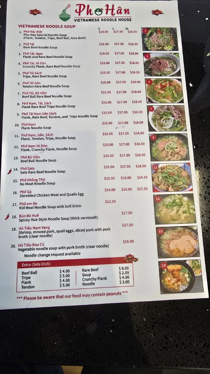 Menu, Pho Han Vietnamese Noodle House
