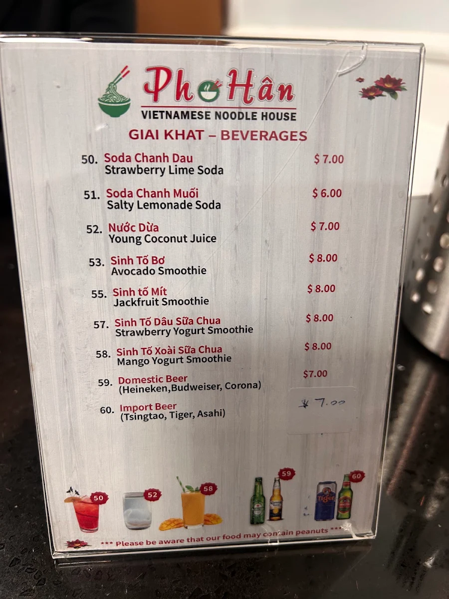 Menu, Pho Han Vietnamese Noodle House