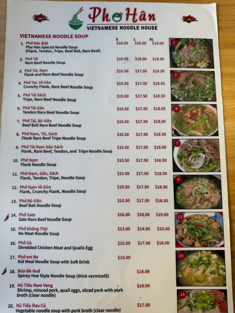 Menu, Pho Han Vietnamese Noodle House